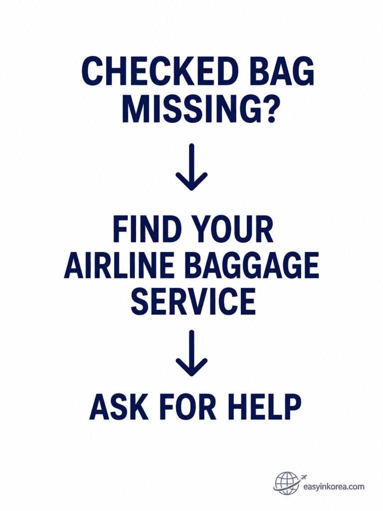Lost or Delayed Luggage at Incheon Airport guide showing travelers to find their airline baggage service and ask for help
