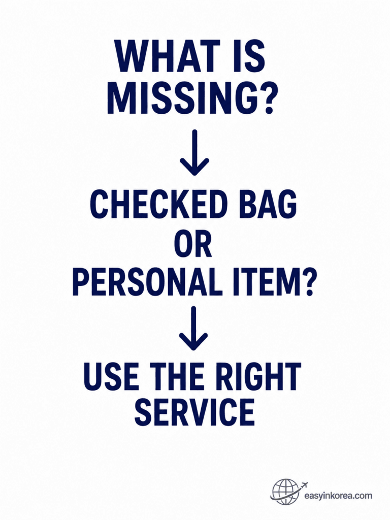 Lost or Delayed Luggage at Incheon Airport guide comparing a missing checked bag with a lost personal item