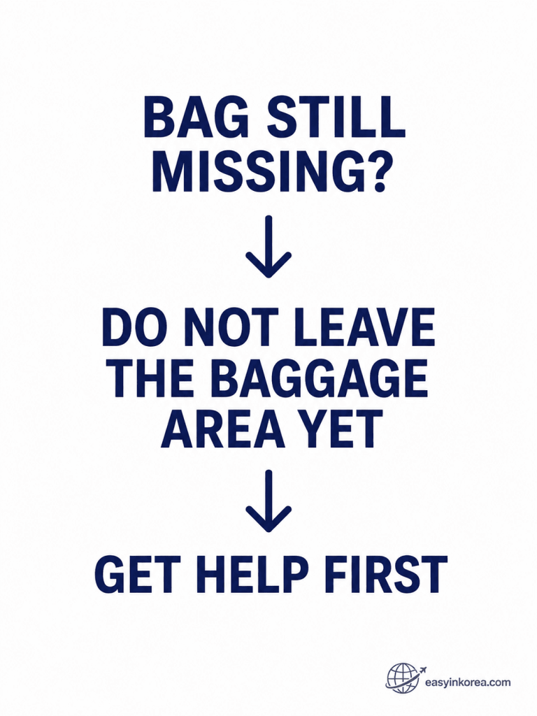 Lost or Delayed Luggage at Incheon Airport guide telling travelers not to leave the baggage area before getting help