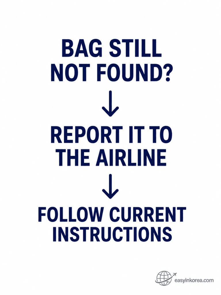 Lost or Delayed Luggage at Incheon Airport guide showing travelers to report a missing checked bag to the airline and follow current instructions