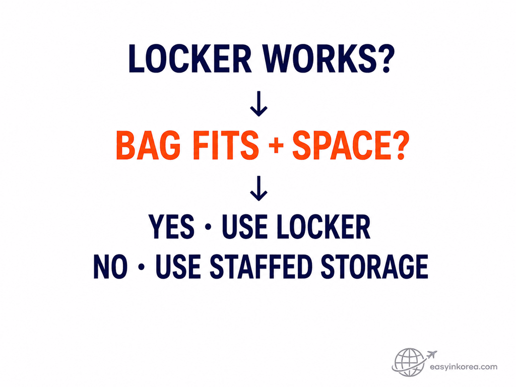 Locker or staffed storage decision for luggage storage before Incheon Airport based on suitcase size and available space