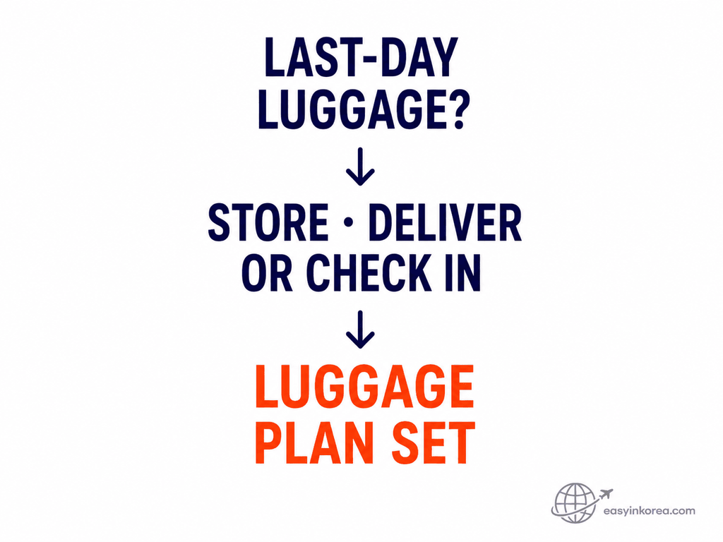 Final luggage storage before Incheon Airport decision showing storage, delivery, or check-in options with the luggage plan completed