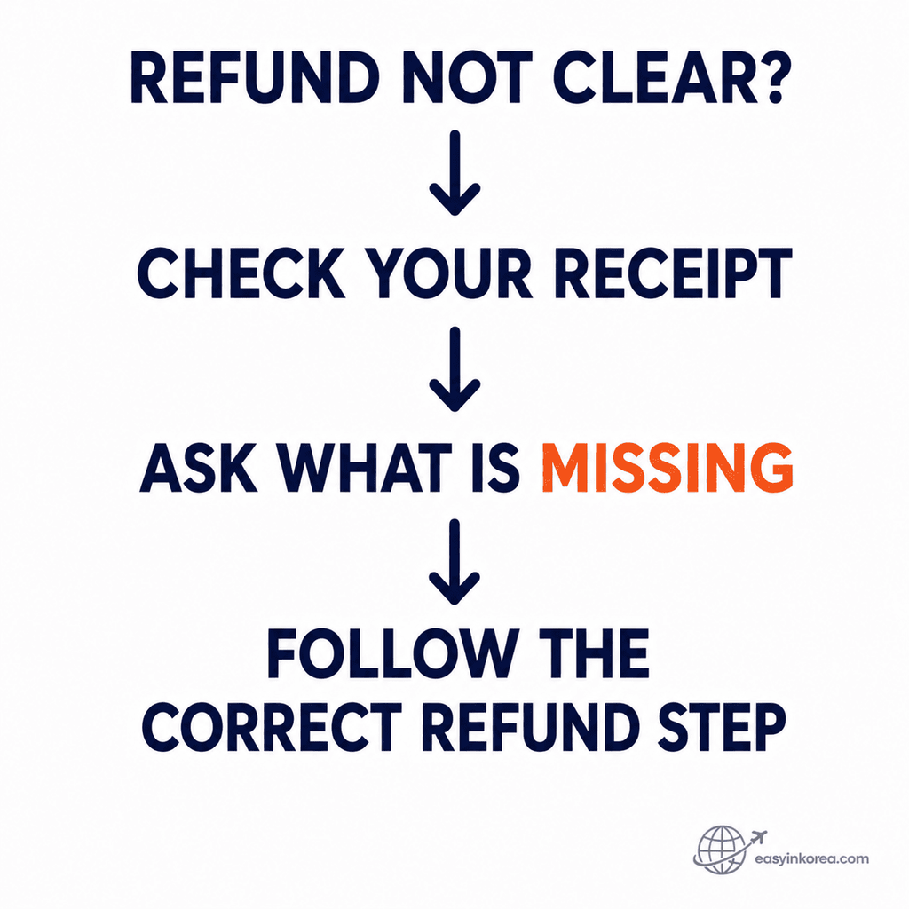 Olive Young tax refund recovery guide showing travelers to identify the missing refund step