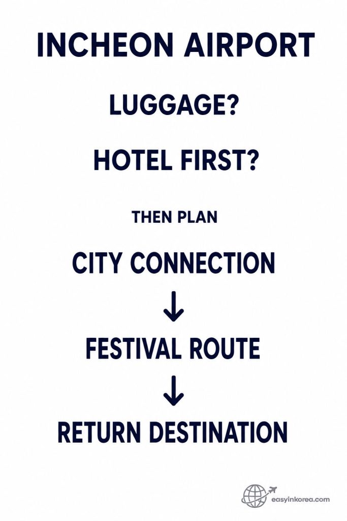 Seoul Fireworks Festival 2026 route from Incheon Airport with luggage, hotel, city connection, festival route, and return destination