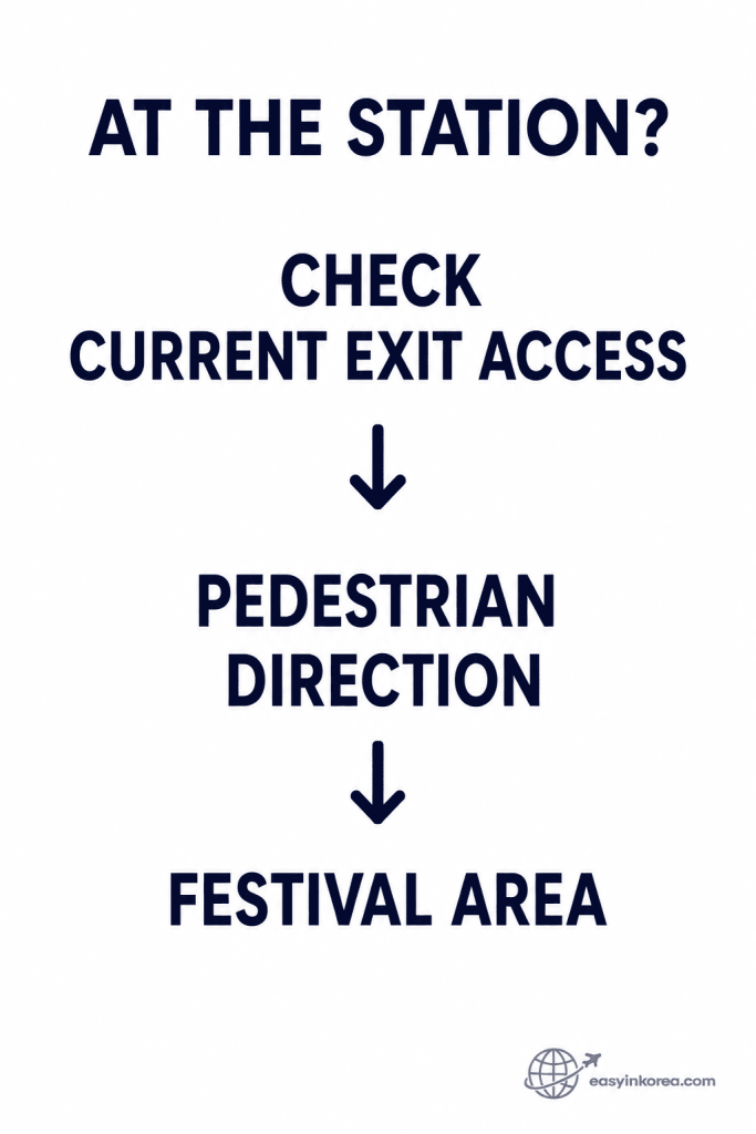 Seoul Fireworks Festival 2026 station-to-festival route showing current exit access and pedestrian direction