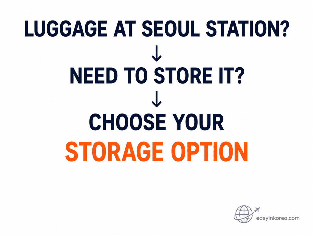 Seoul Station luggage storage decision showing travelers to compare location, bag size, storage type, and retrieval plan
