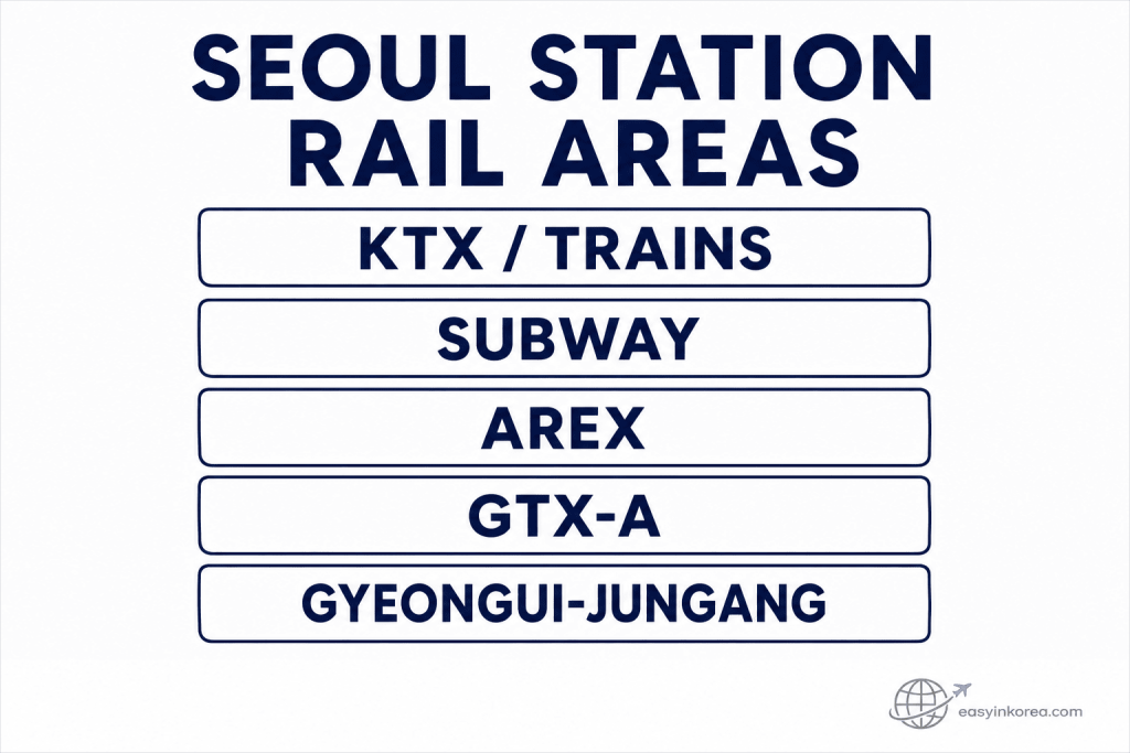 Seoul Station Navigation Guide showing KTX, subway, AREX, GTX-A, and Gyeongui-Jungang rail areas