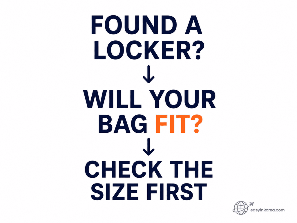Seoul subway locker size check showing travelers to compare the real suitcase size with the locker