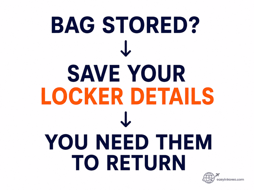 Seoul subway locker retrieval preparation showing travelers to save the station and locker details