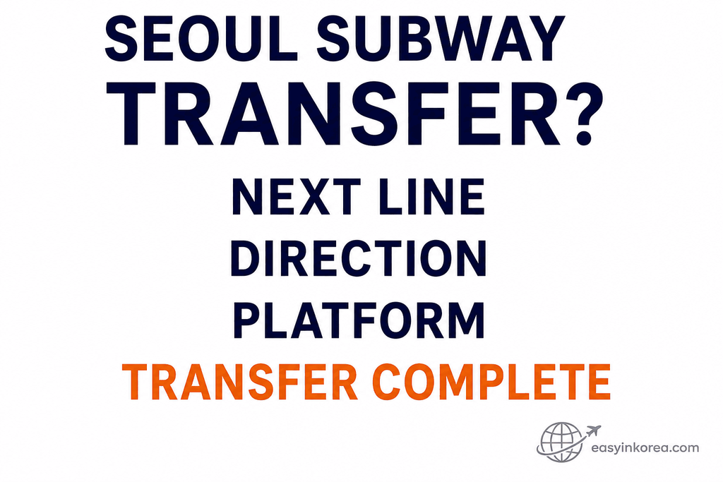 Seoul Subway Transfer guide showing next line, direction, platform, and transfer complete for first-time visitors