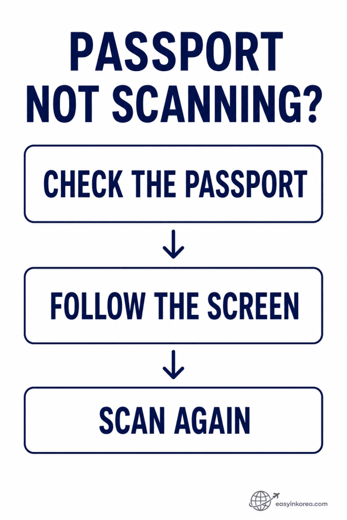 SmartPass Not Working passport scan troubleshooting showing check the passport, follow the screen, and scan again