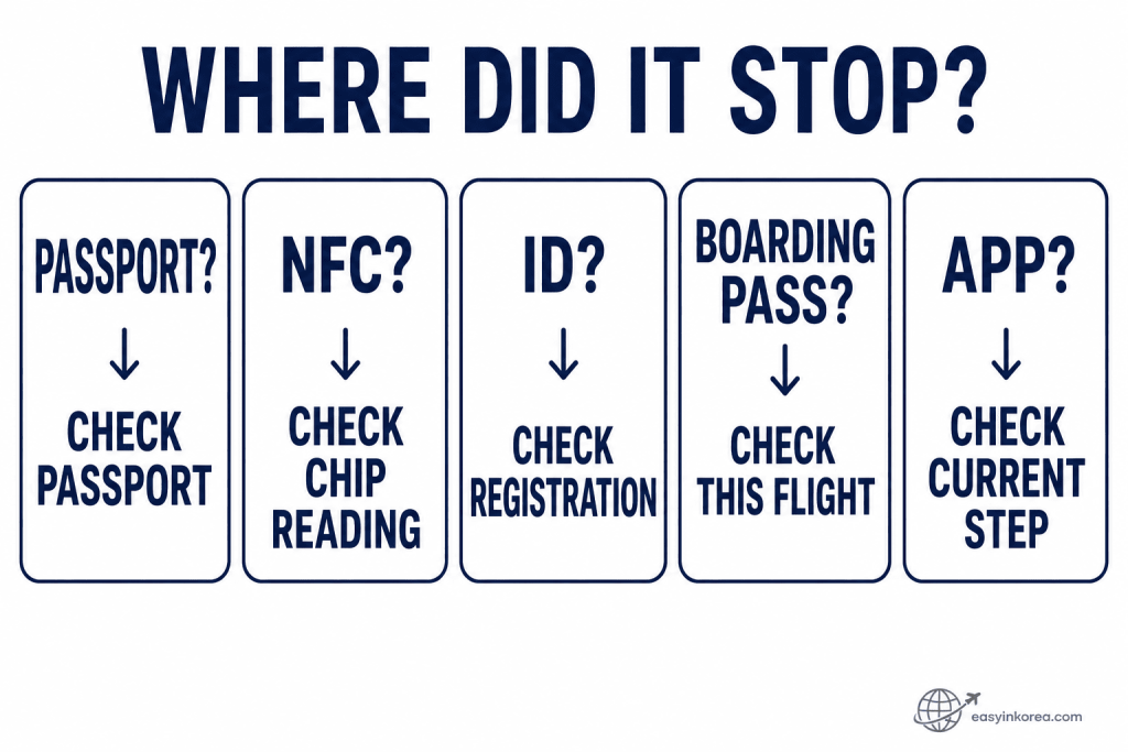 SmartPass Not Working problem finder showing passport, NFC chip reading, ID registration, boarding pass, and app checks
