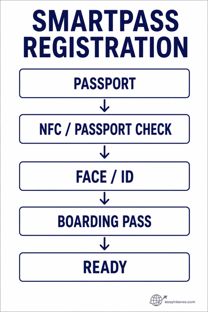 SmartPass Not Working registration flow showing passport, NFC passport check, face ID, boarding pass, and ready steps