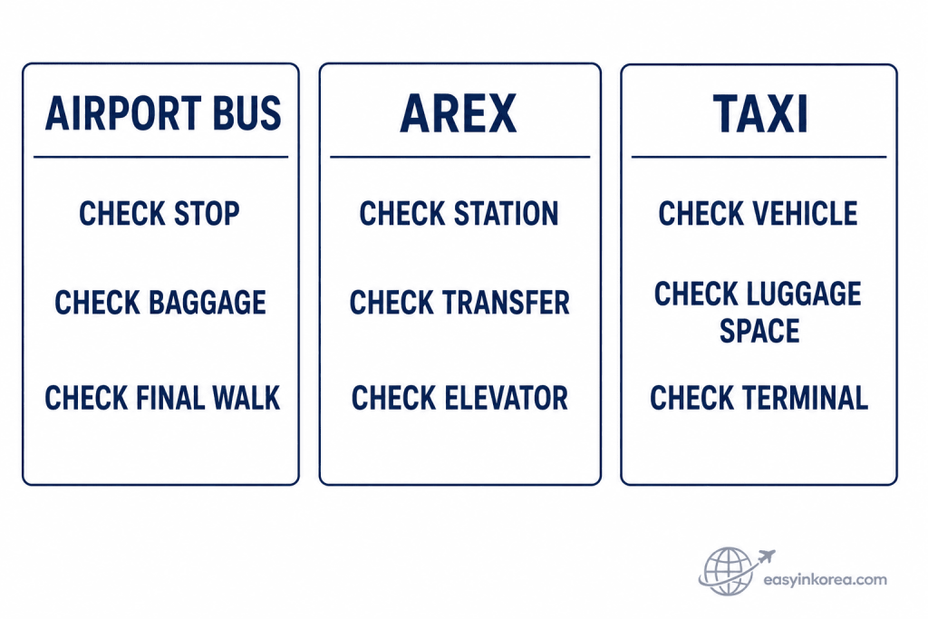 Airport bus, AREX, and taxi comparison showing checks for stops, baggage, station access, transfers, elevators, luggage space, and terminal.