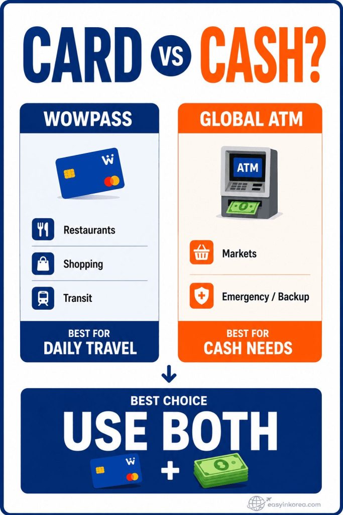 WOWPASS vs Global ATM card or cash decision guide for daily travel payments and Korean won cash needs in Korea