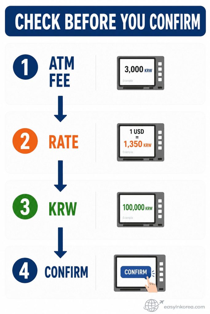 WOWPASS vs Global ATM guide showing how to check the ATM fee, exchange rate, KRW amount, and confirmation screen before withdrawing cash in Korea