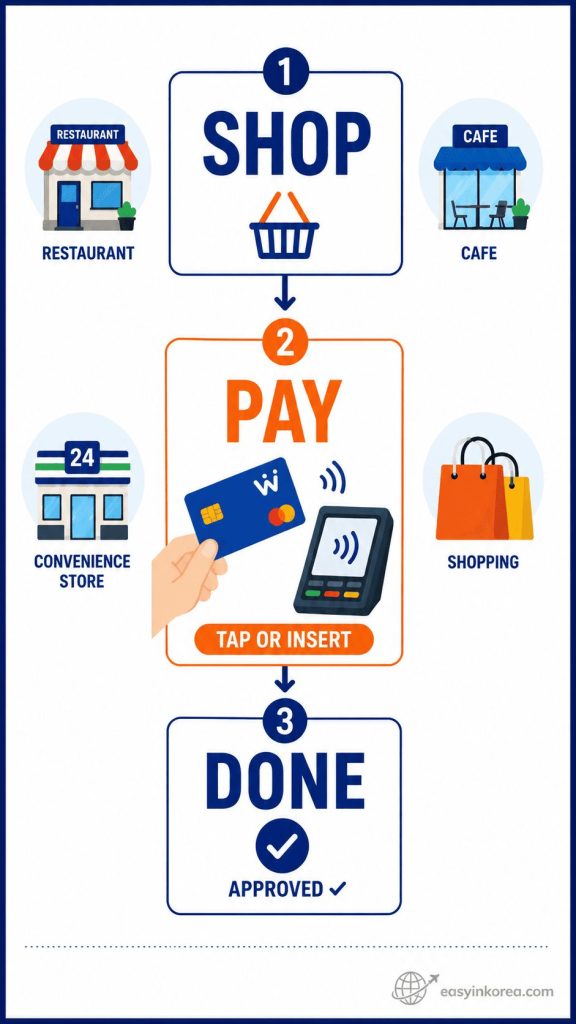 WOWPASS vs Global ATM everyday card payment guide showing shop, tap or insert, and approved in Korea