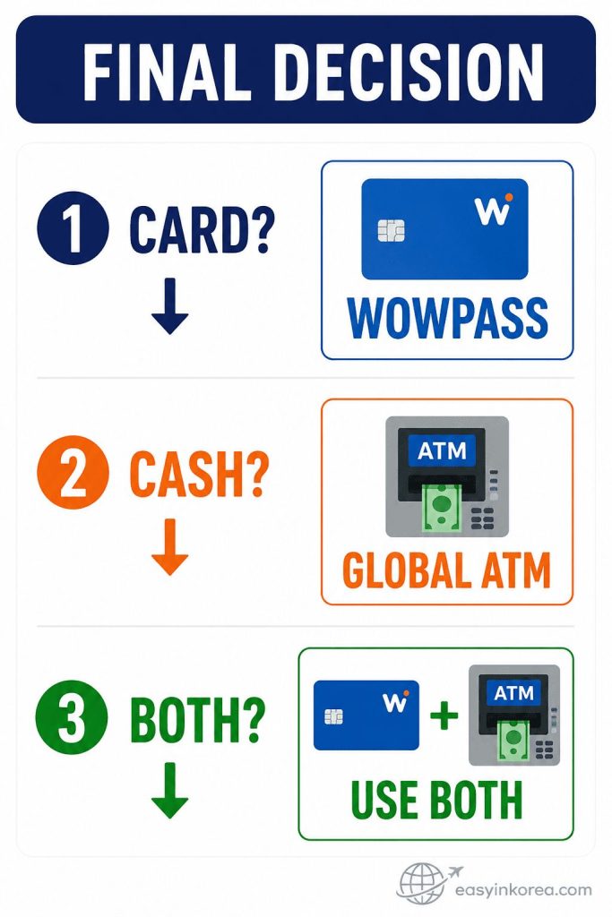 WOWPASS vs Global ATM final decision guide showing WOWPASS for card payments, a Global ATM for KRW cash, and both options for flexible Korea travel