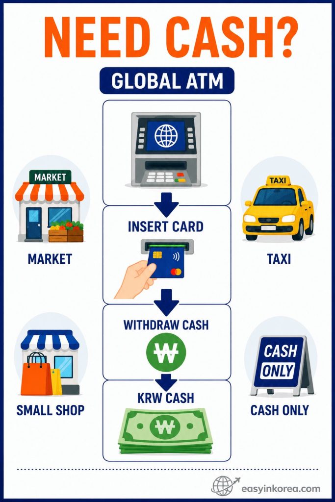 WOWPASS vs Global ATM guide showing how to insert a foreign card, withdraw cash, and receive Korean won in Korea