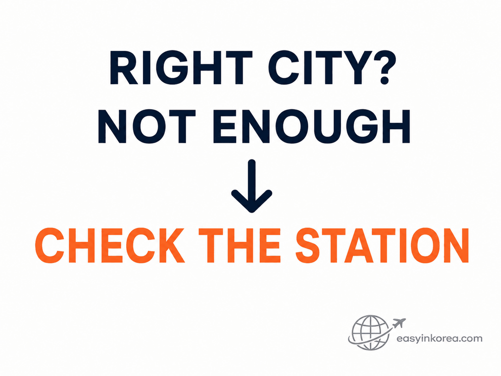 Graphic showing that choosing the right city is not enough and travelers should check the exact KTX station before booking.