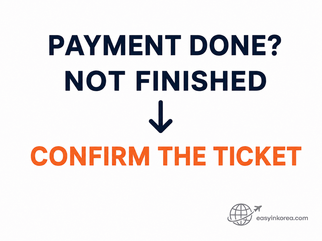 Graphic reminding travelers that KTX payment is not the final step and to confirm the ticket after payment.