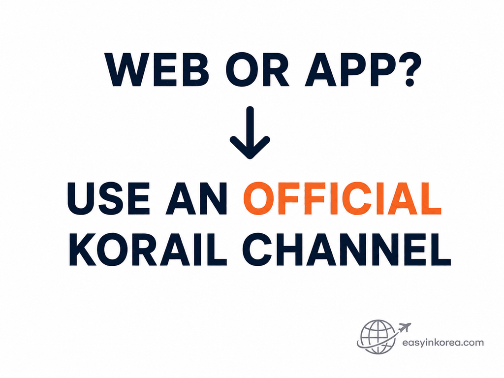 Graphic asking “Web or app?” and directing travelers to use an official KORAIL booking channel.