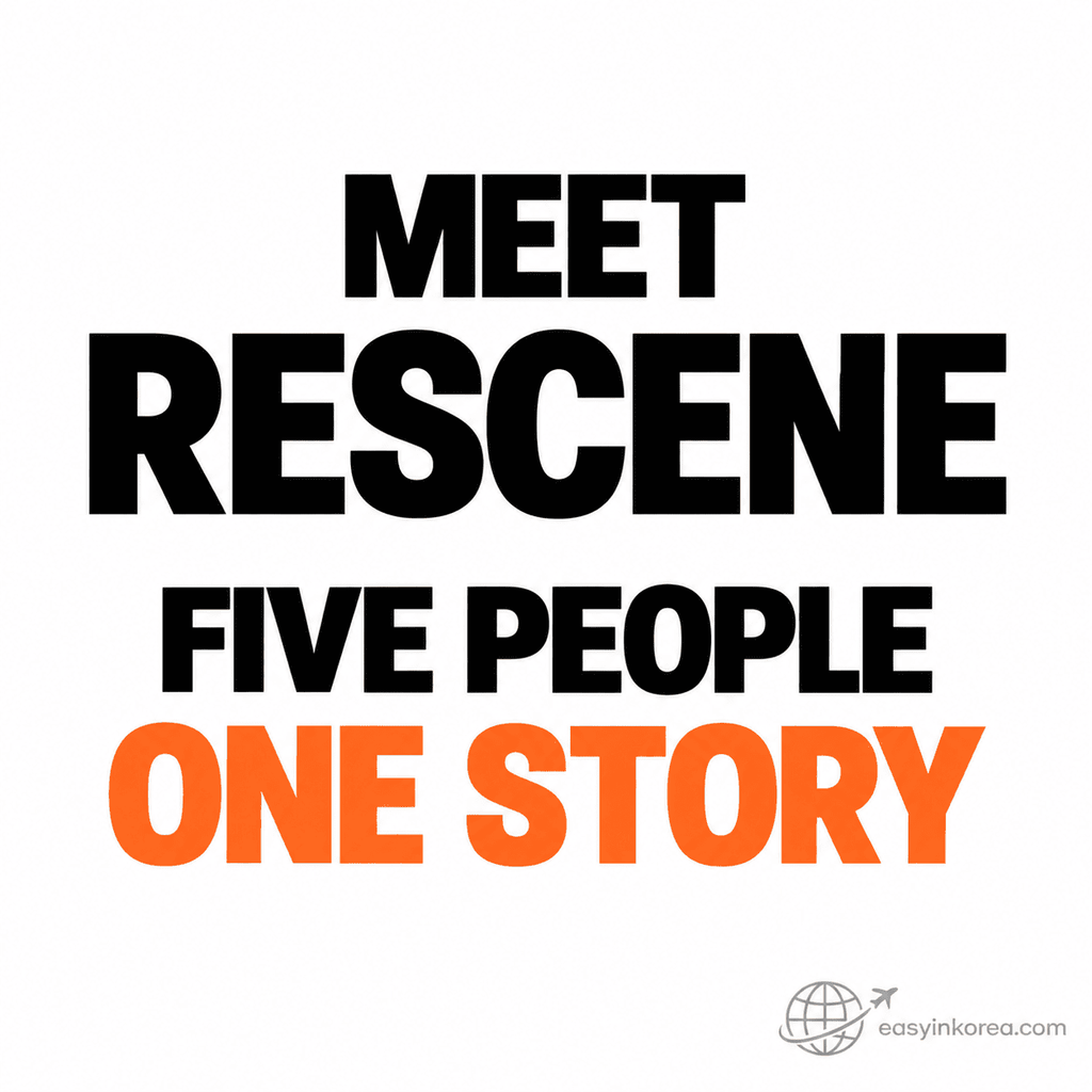 RESCENE story image introducing Woni, Liv, Minami, May and Zena as five members whose individual personalities connect into one K-pop group story