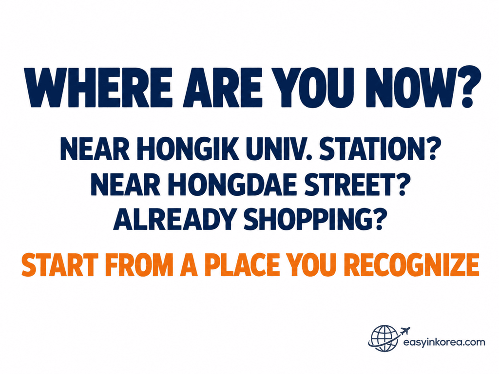 ATM in Hongdae guide showing where to start near Hongik University Station before finding cash with a foreign card