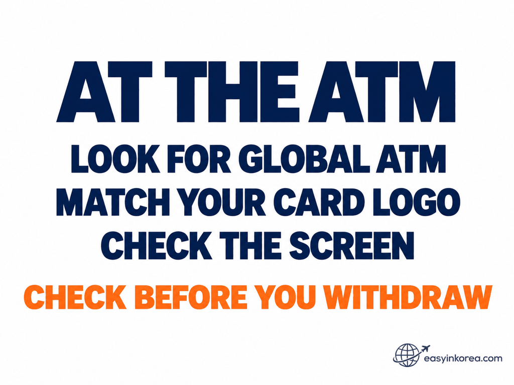 ATM in Insadong and Jongno guide showing what foreign card users should check at a Global ATM before withdrawing Korean won