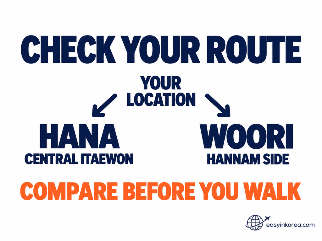 ATM in Itaewon walking route comparison from your location to Hana Bank and Woori Bank