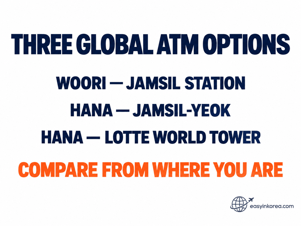 Compare Global ATM options in Jamsil near Jamsil Station and Lotte World Tower for foreign cards