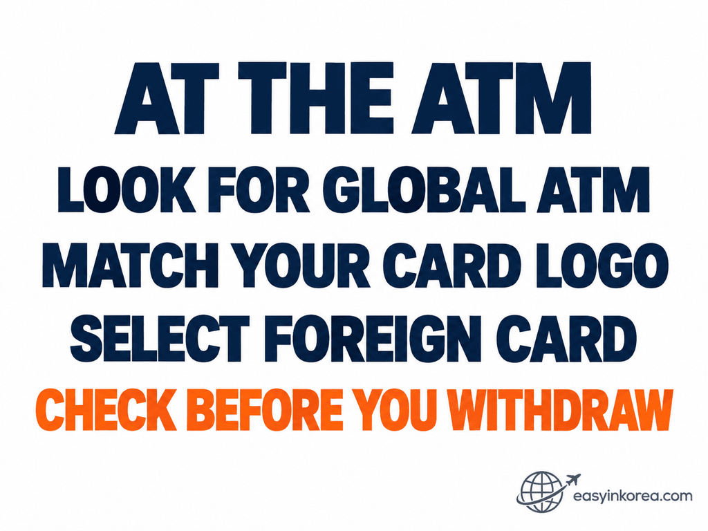 ATM in Myeongdong checklist showing Global ATM, card logo and Foreign Card checks before withdrawing cash