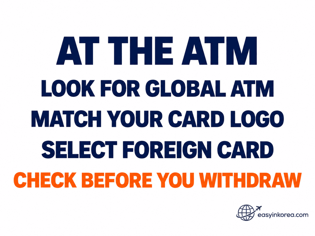 ATM near COEX guide showing what to check on a Global ATM before using a foreign card near Samseong Station