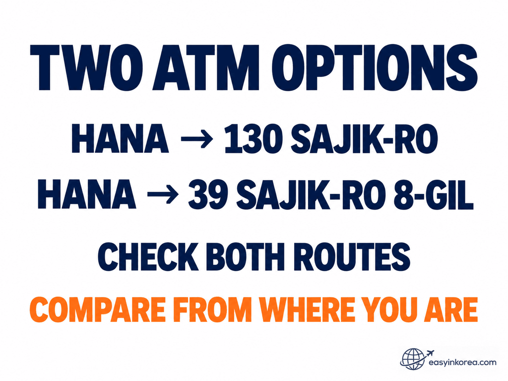 ATM near Gyeongbokgung showing Hana Bank options at 130 Sajik-ro and 39 Sajik-ro 8-gil