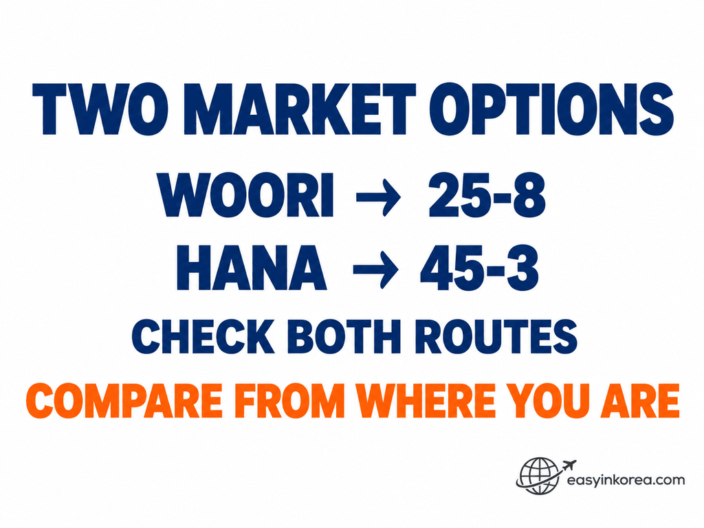 ATM near Namdaemun Market comparison showing Woori Bank at 25-8 and Hana Bank at 45-3 Namdaemunsijang-gil for foreign card users